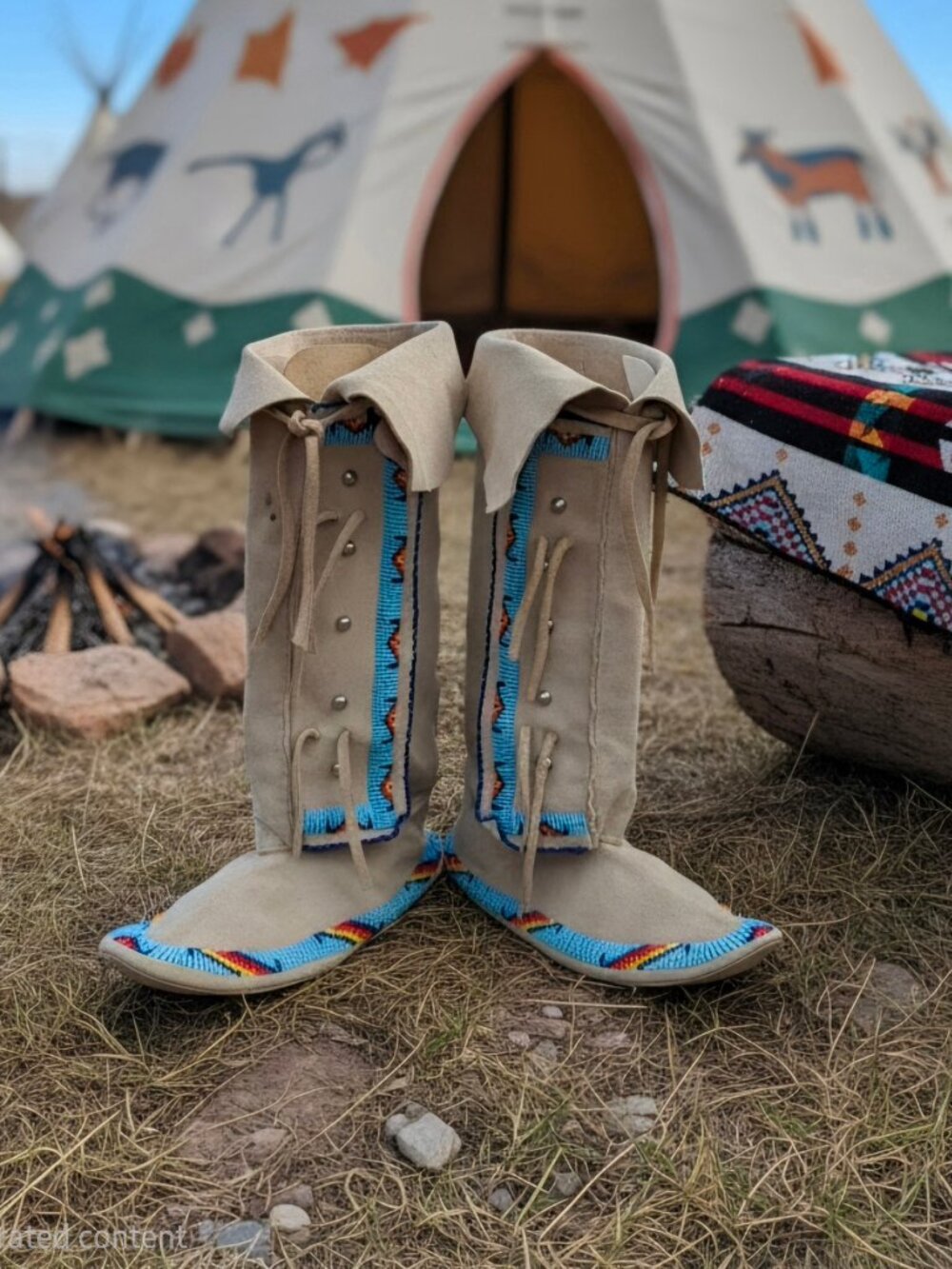 Vintage 1970's Native American Tall Deerskin Beaded Moccasins
